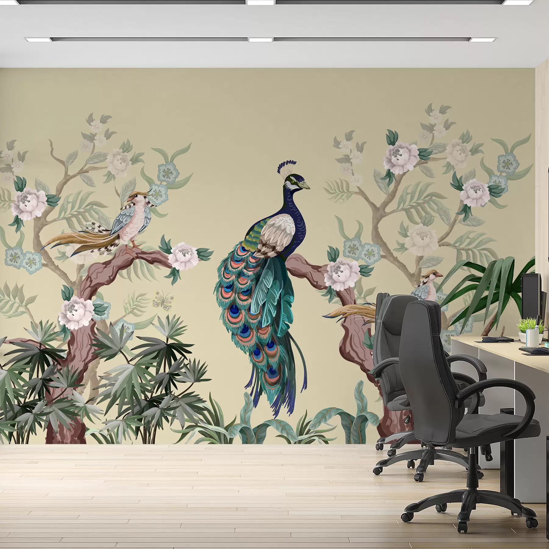 murales de pared pavo real sobre un árbol, fondo beige w08168