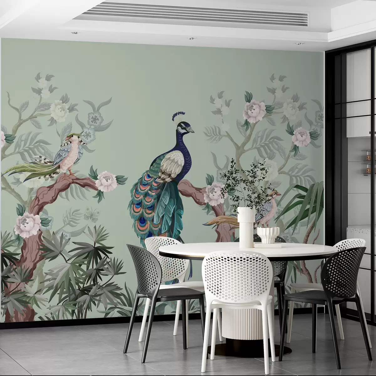 murales de pared pavo real en un árbol, fondo verde w08168v1