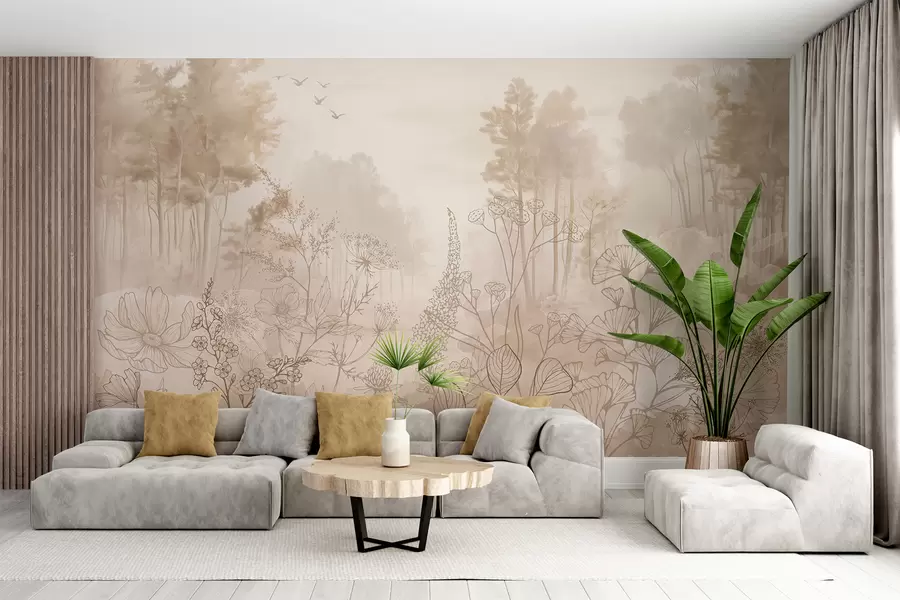 murales de pared Paisaje forestal con flores silvestres, arte lineal, realismo, árboles, naturaleza, paleta de colores beige w08142