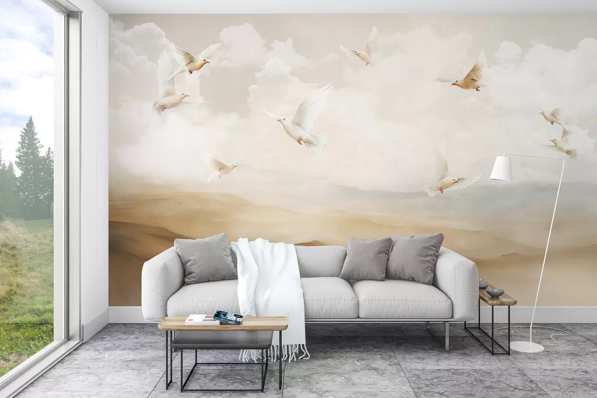 murales de pared Pájaros volando en el cielo con nubes, paisaje natural, dibujo acrílico, colores beige pastel w08143