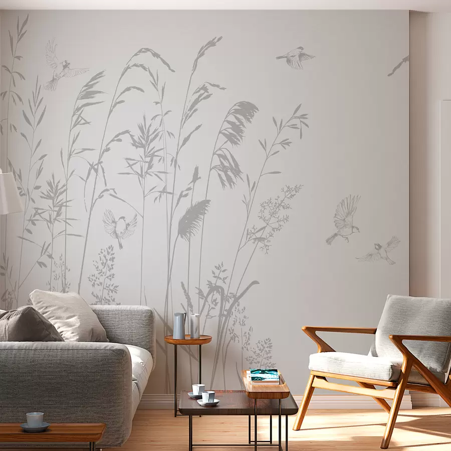 murales de pared Plantas y pájaros pequeños naturaleza minimalismo color gris w08172v1