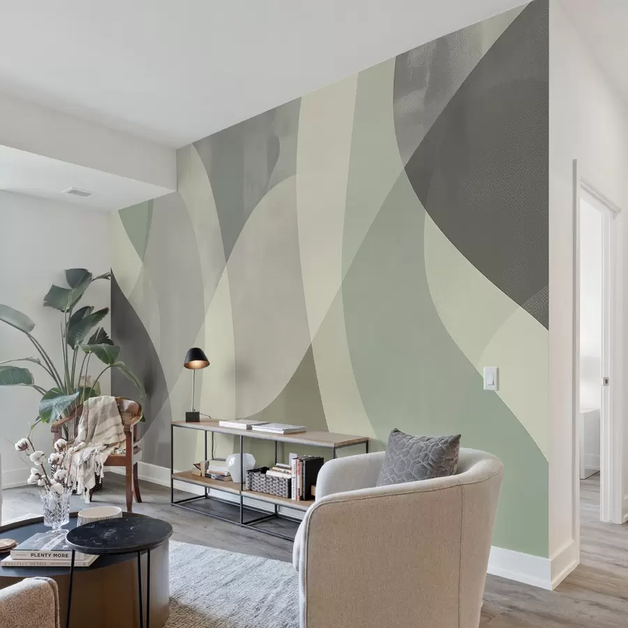 murales de pared Curvas suaves en tonos apagados con líneas fluidas y degradados verdes, minimalista y moderno w01334