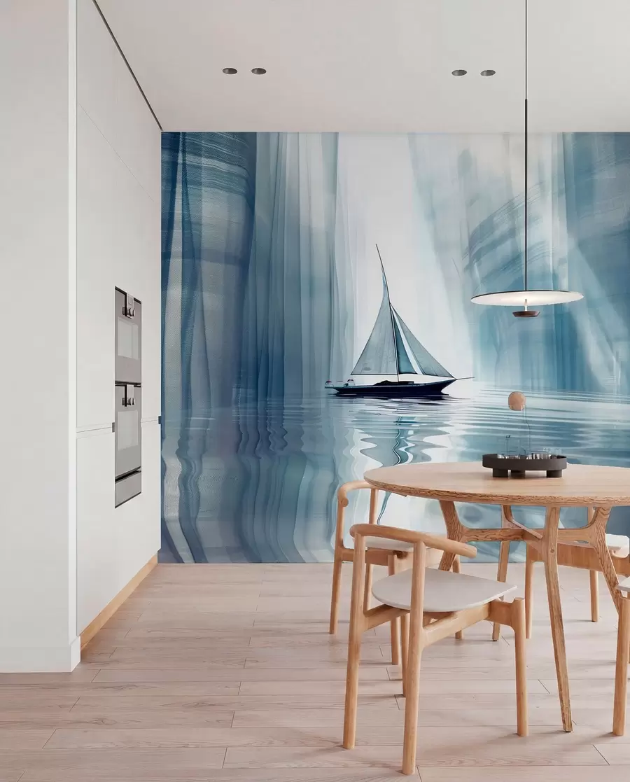 murales de pared Barco en el agua en estilo futurista con colores azules w01338