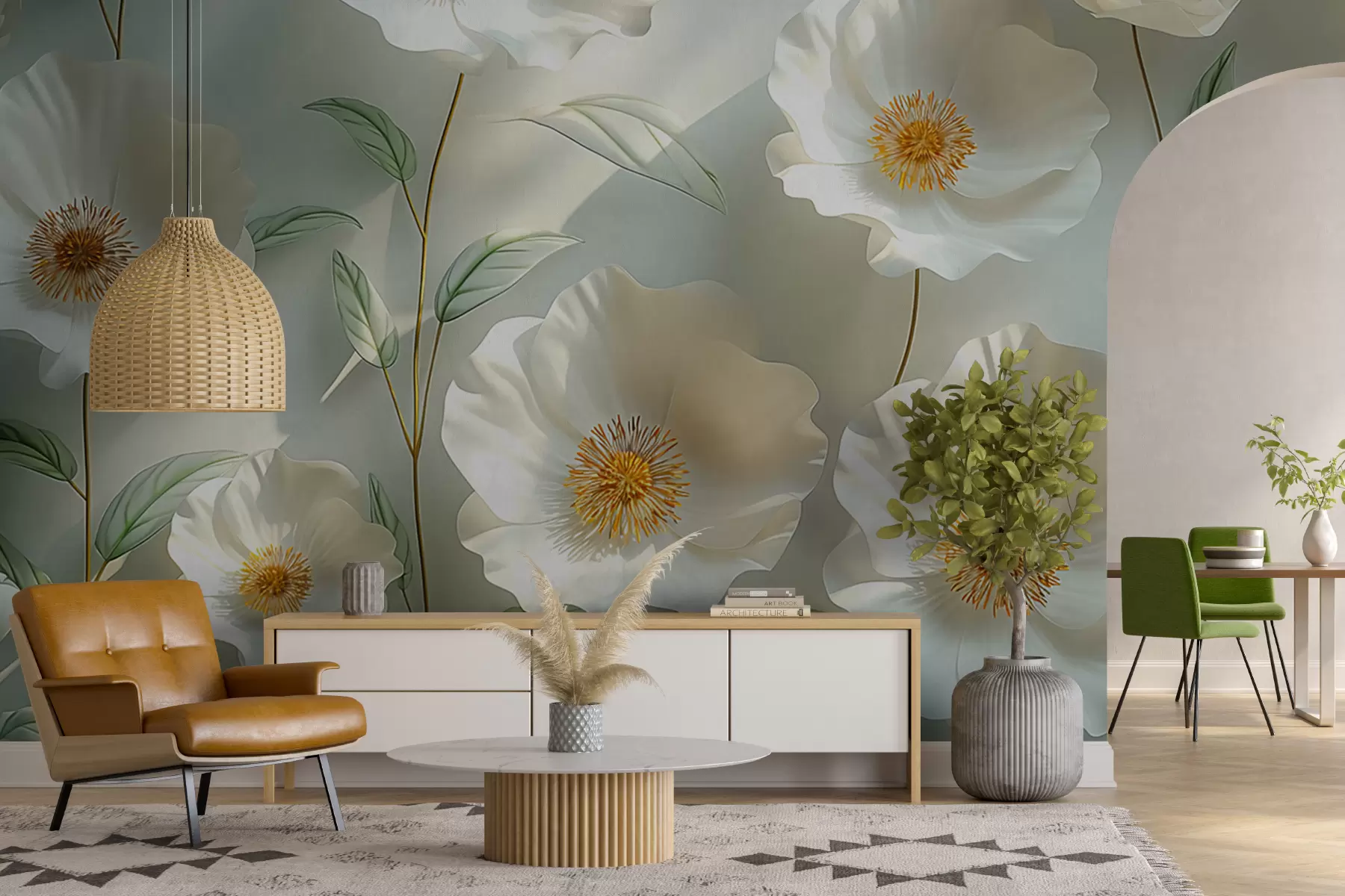 murales de pared Amapolas blancas contra una pared con luz solar y efecto 3D w01339