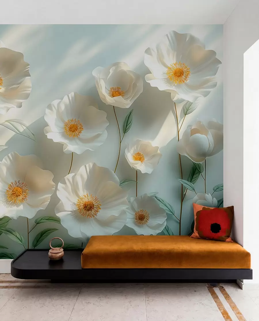 murales de pared Amapolas blancas contra una pared con luz solar y efecto 3D w01339