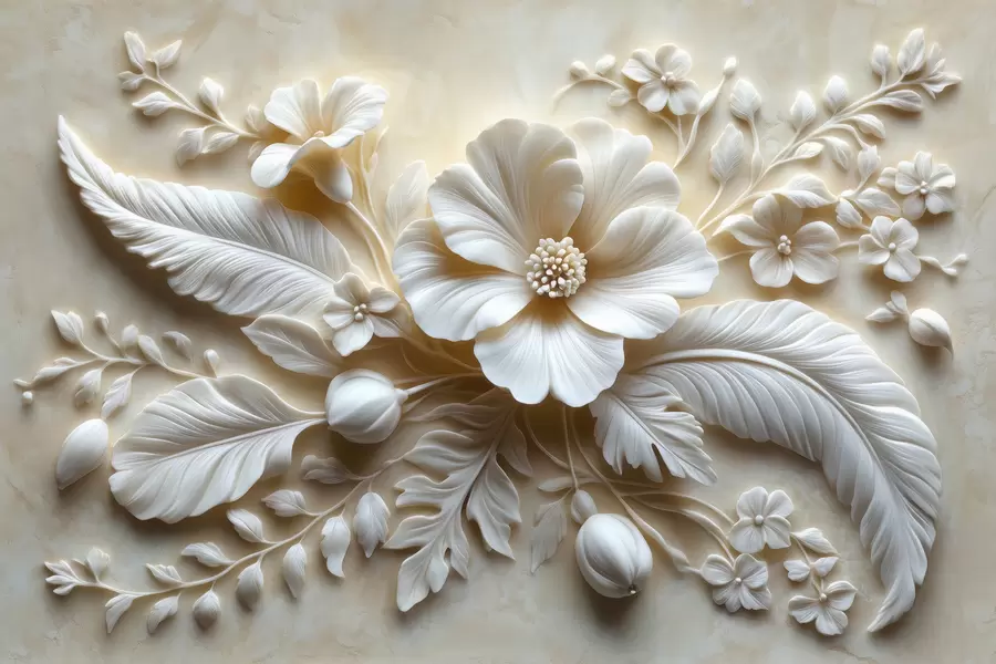 murales de pared Arte de pared en relieve 3D con plumas y flores, con una gran amapola en colores beige w01340