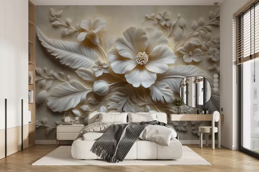 murales de pared Arte de pared en relieve 3D con plumas y flores, con una gran amapola en colores beige w01340