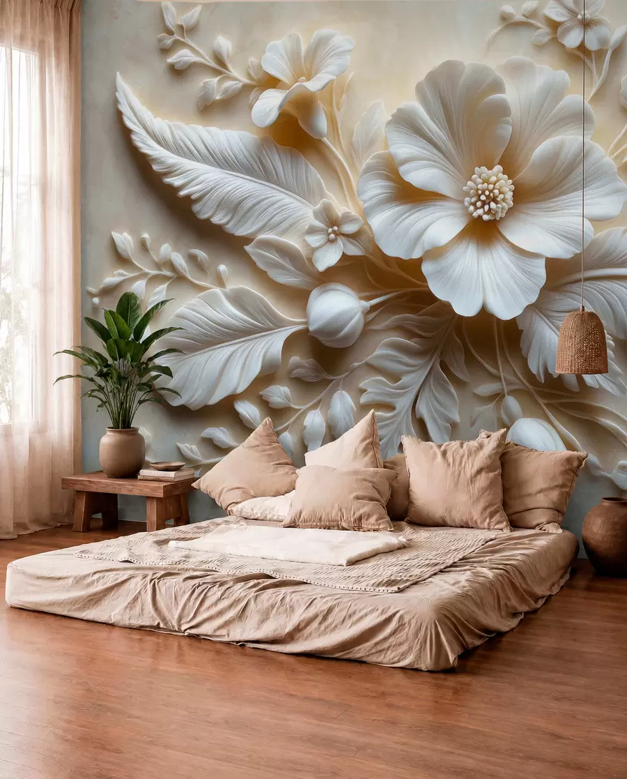 murales de pared Arte de pared en relieve 3D con plumas y flores, con una gran amapola en colores beige w01340