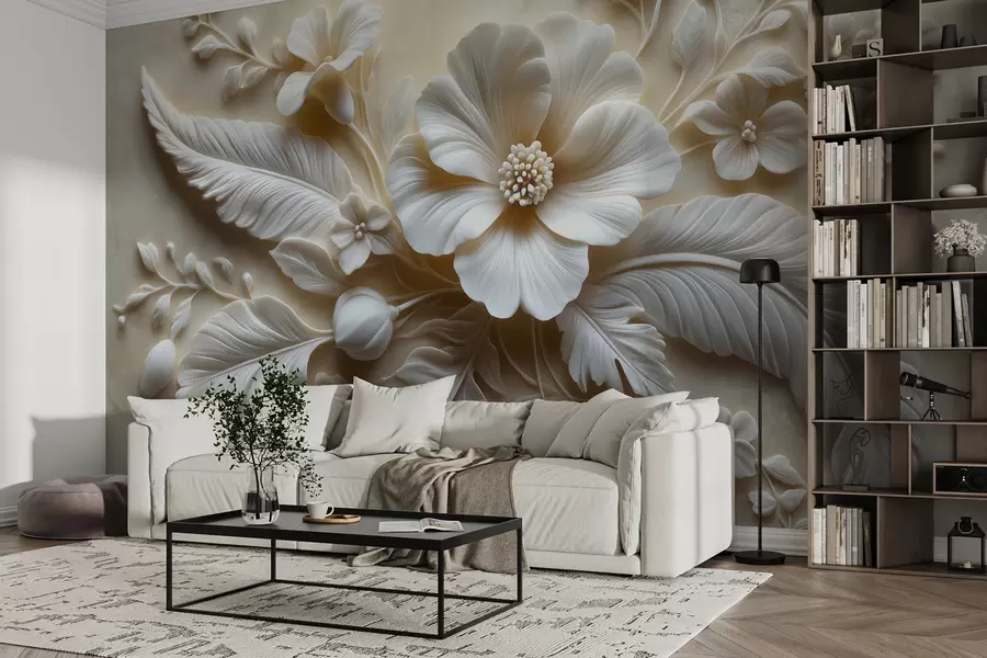 murales de pared Arte de pared en relieve 3D con plumas y flores, con una gran amapola en colores beige w01340