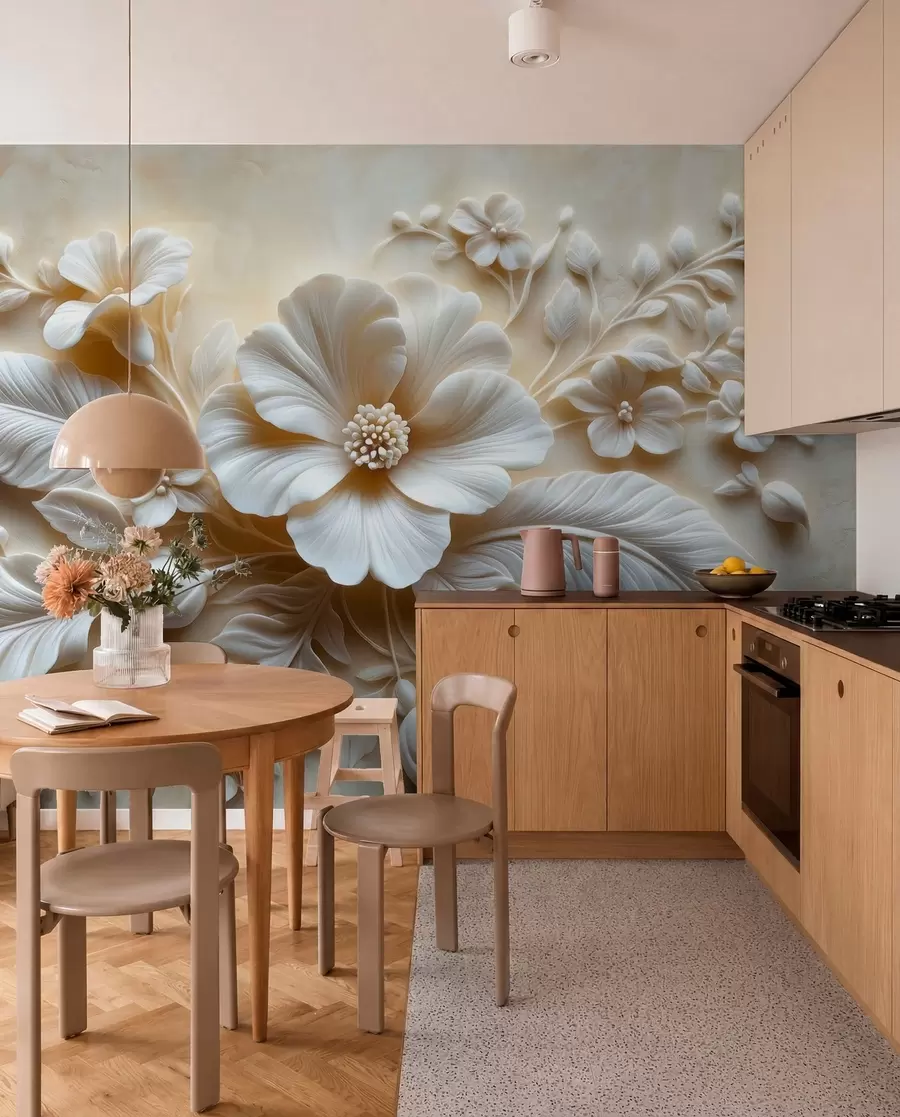 murales de pared Arte de pared en relieve 3D con plumas y flores, con una gran amapola en colores beige w01340