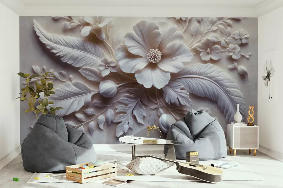 murales de pared Arte de pared en relieve 3D con plumas y flores, con una gran amapola en colores rosa claro w01340v1