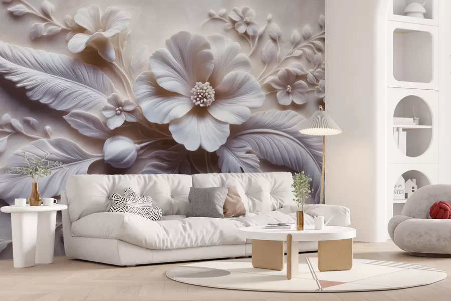murales de pared Arte de pared en relieve 3D con plumas y flores, con una gran amapola en colores rosa claro w01340v1