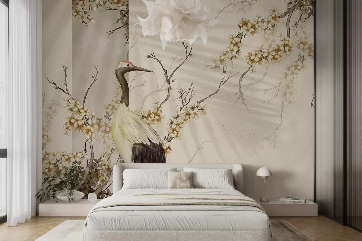 murales de pared Una grulla blanca parada sobre una rama con flores florecientes, contra un fondo suave y borroso w08159