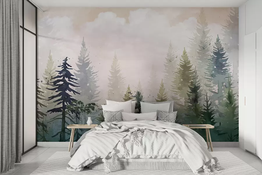 murales de pared Bosque de altos pinos de hoja perenne en un entorno brumoso y lleno de un paisaje de nubes suaves y brumosas w08160