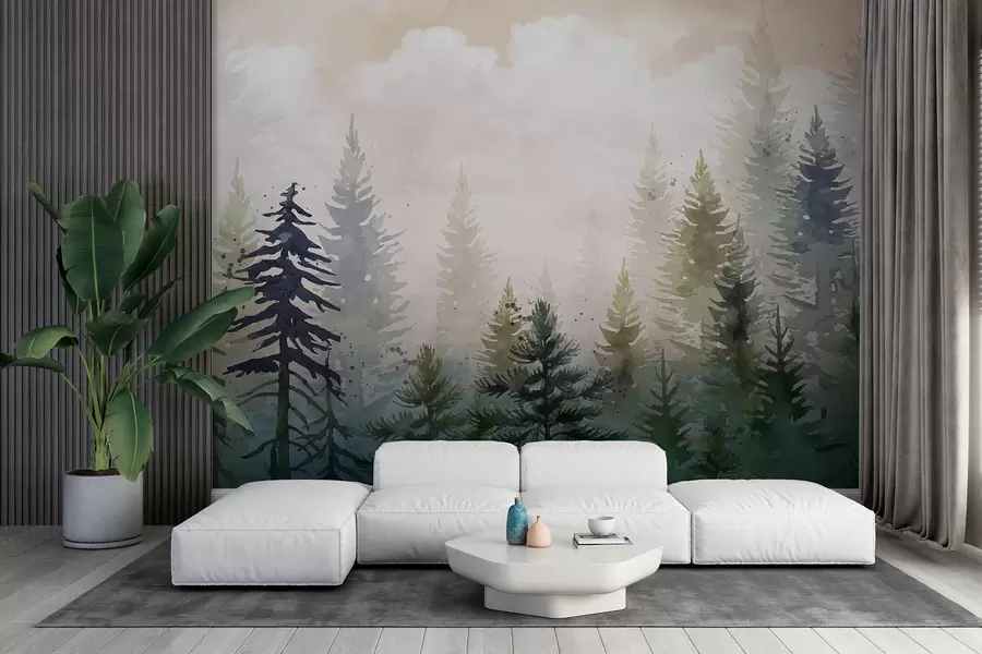 murales de pared Bosque de altos pinos de hoja perenne en un entorno brumoso y lleno de un paisaje de nubes suaves y brumosas w08160