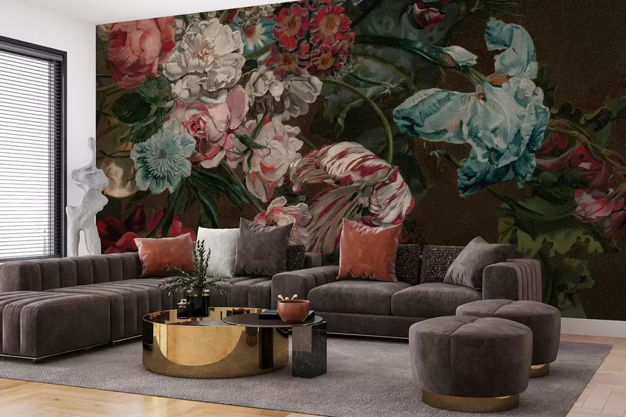murales de pared Flores coloridas vintage que incluyen peonías rosas, claveles rojos y lirios blancos sobre un fondo oscuro. w08163
