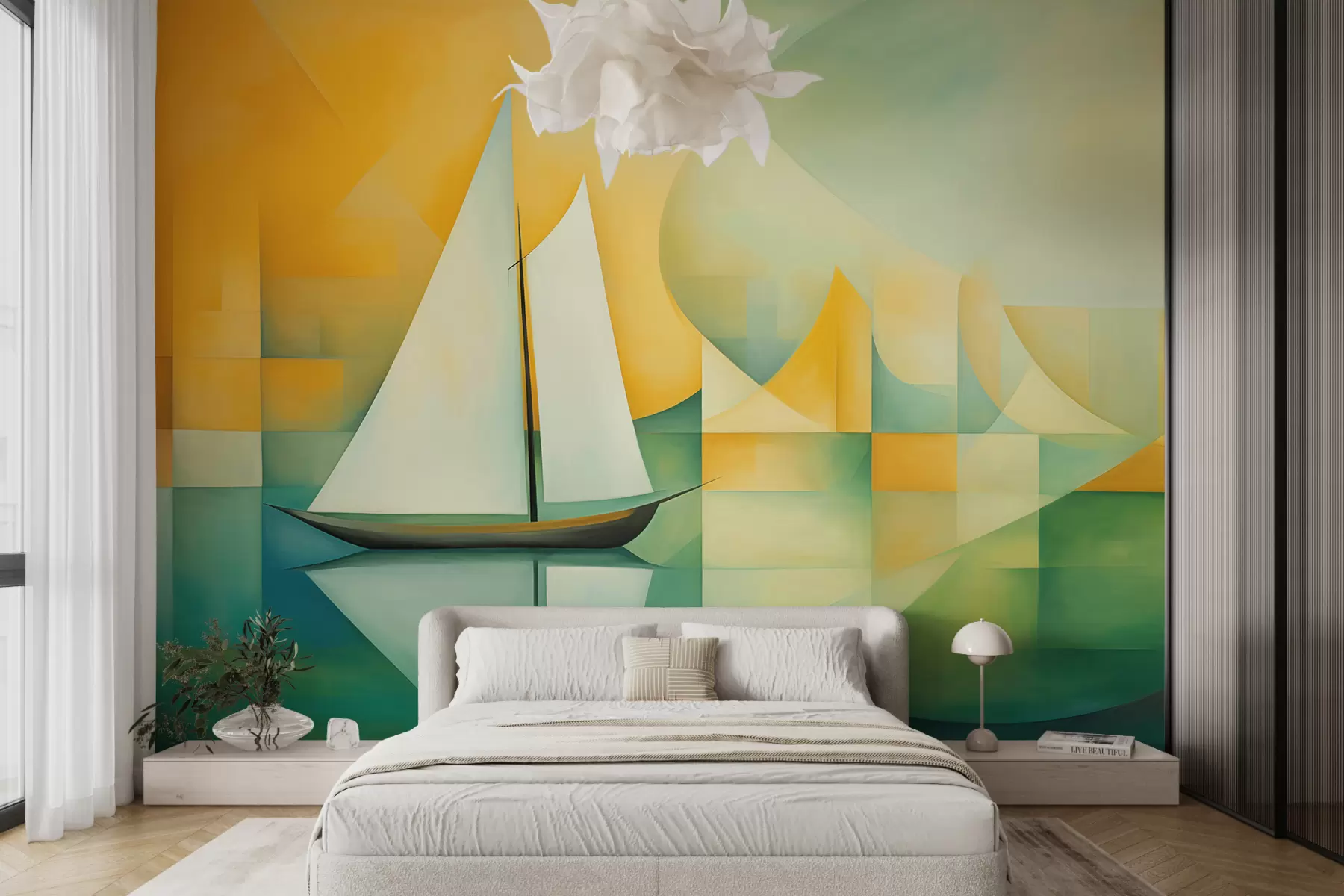 murales de pared Velero blanco sobre fondo amarillo azul y verde en estilo cubista w00734