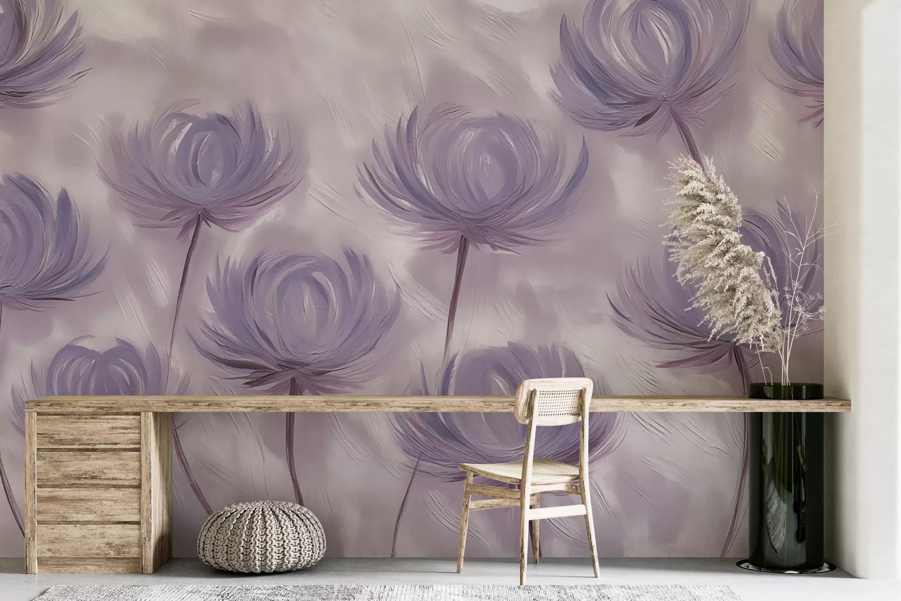 murales de pared Flores abstractas pintadas con esponjosas tonos morados w01375