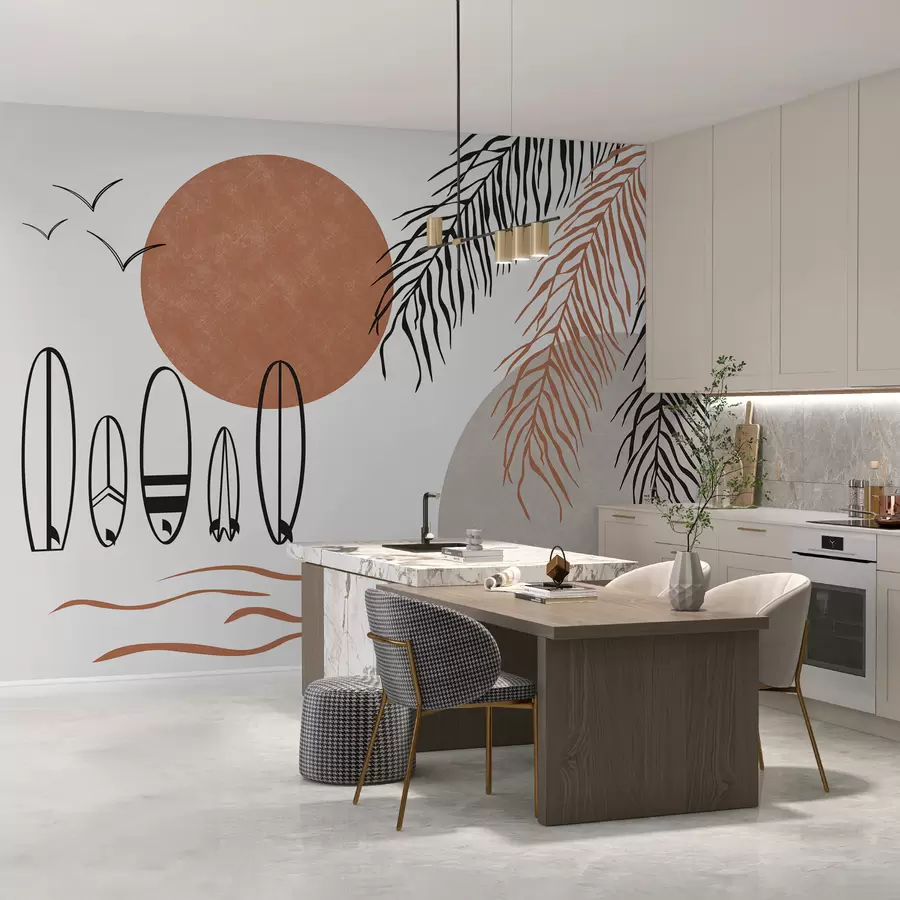 murales de pared Tablas de surf, dibujo lineal de ramas de palmera, color negro y rojo w00958