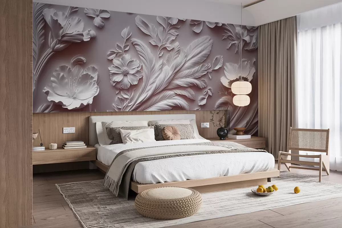 murales de pared Exquisitas flores y hojas en relieve en tonos rosados. w01356v1
