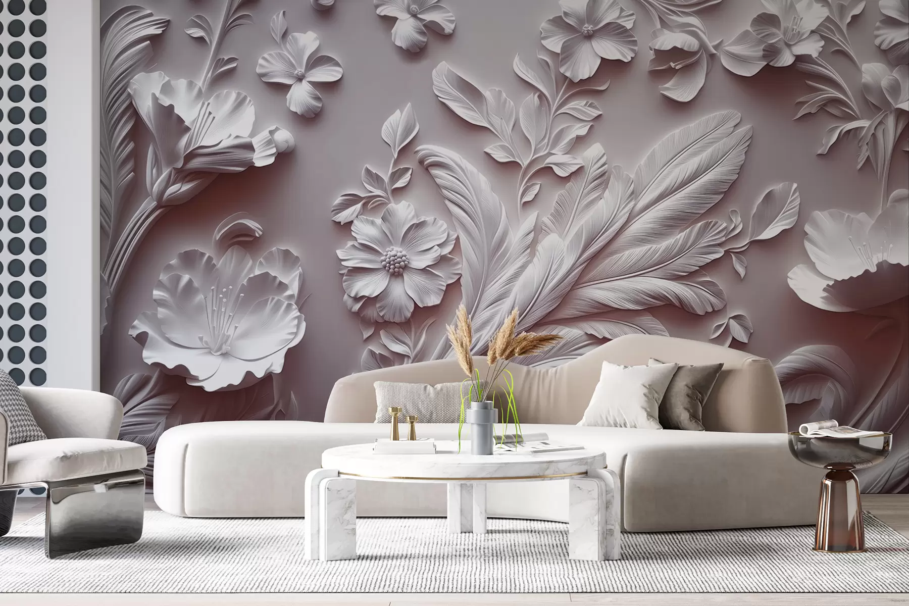 murales de pared Exquisitas flores y hojas en relieve en tonos rosados. w01356v1