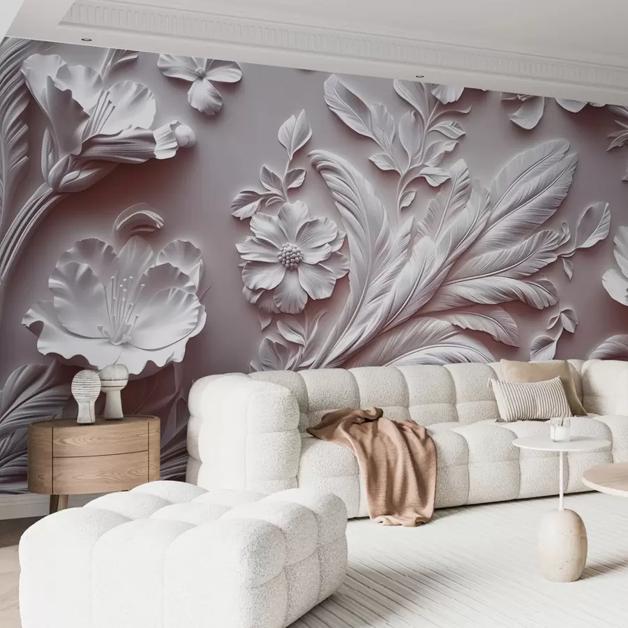 murales de pared Exquisitas flores y hojas en relieve en tonos rosados w01356v1