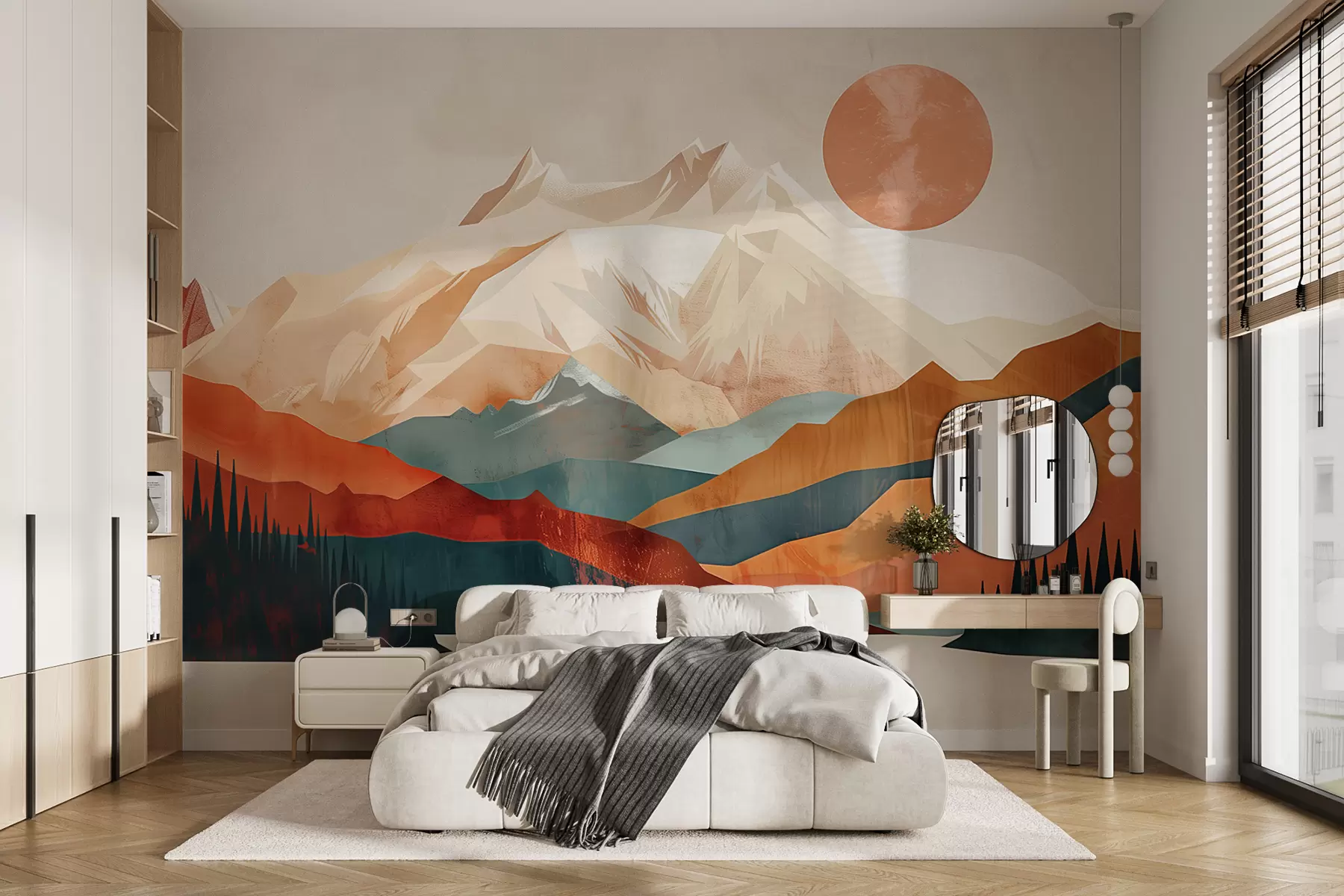 murales de pared Felicidad boho: un paisaje sereno de montañas, árboles y sol w01358