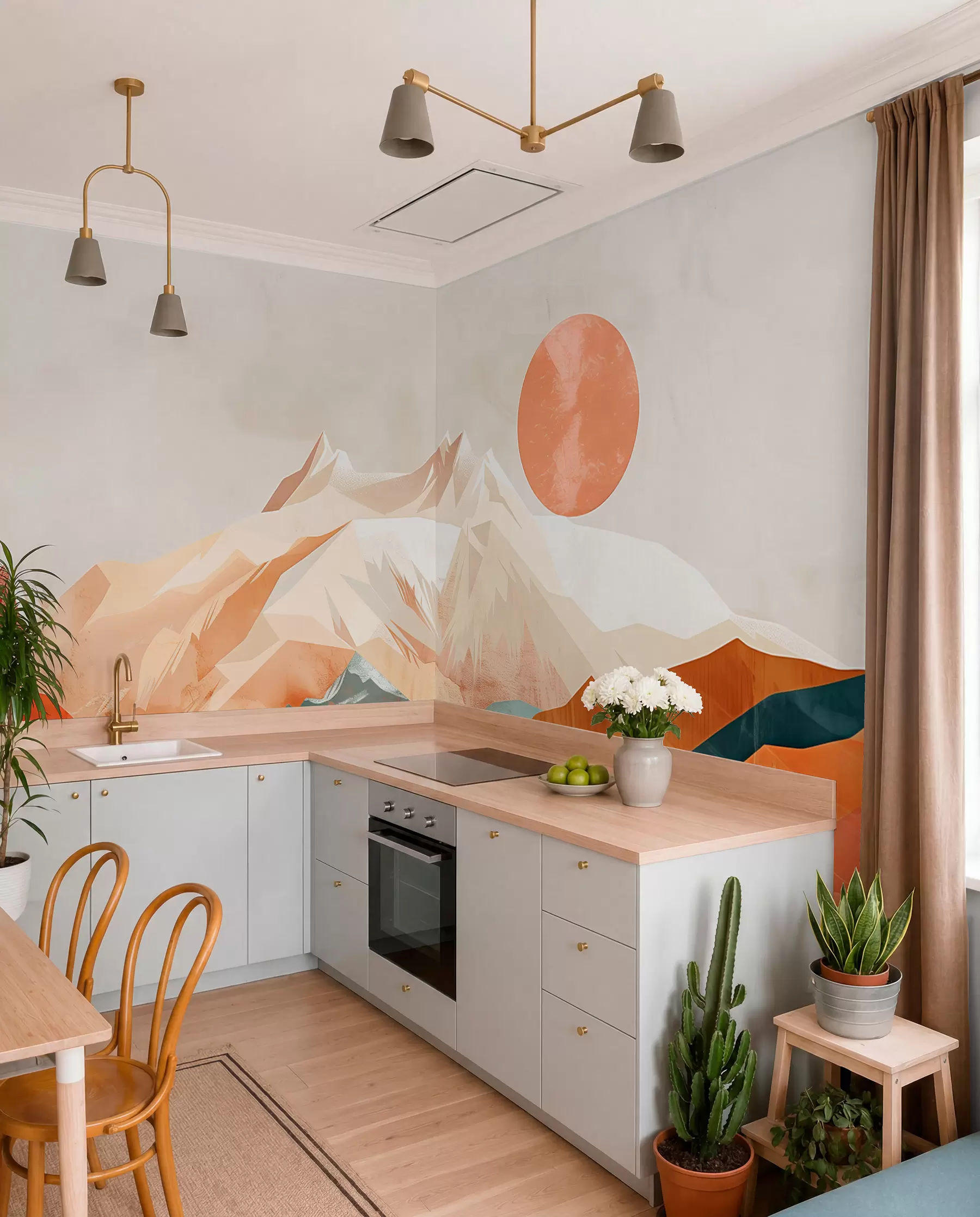 murales de pared Felicidad boho: un paisaje sereno de montañas, árboles y sol w01358
