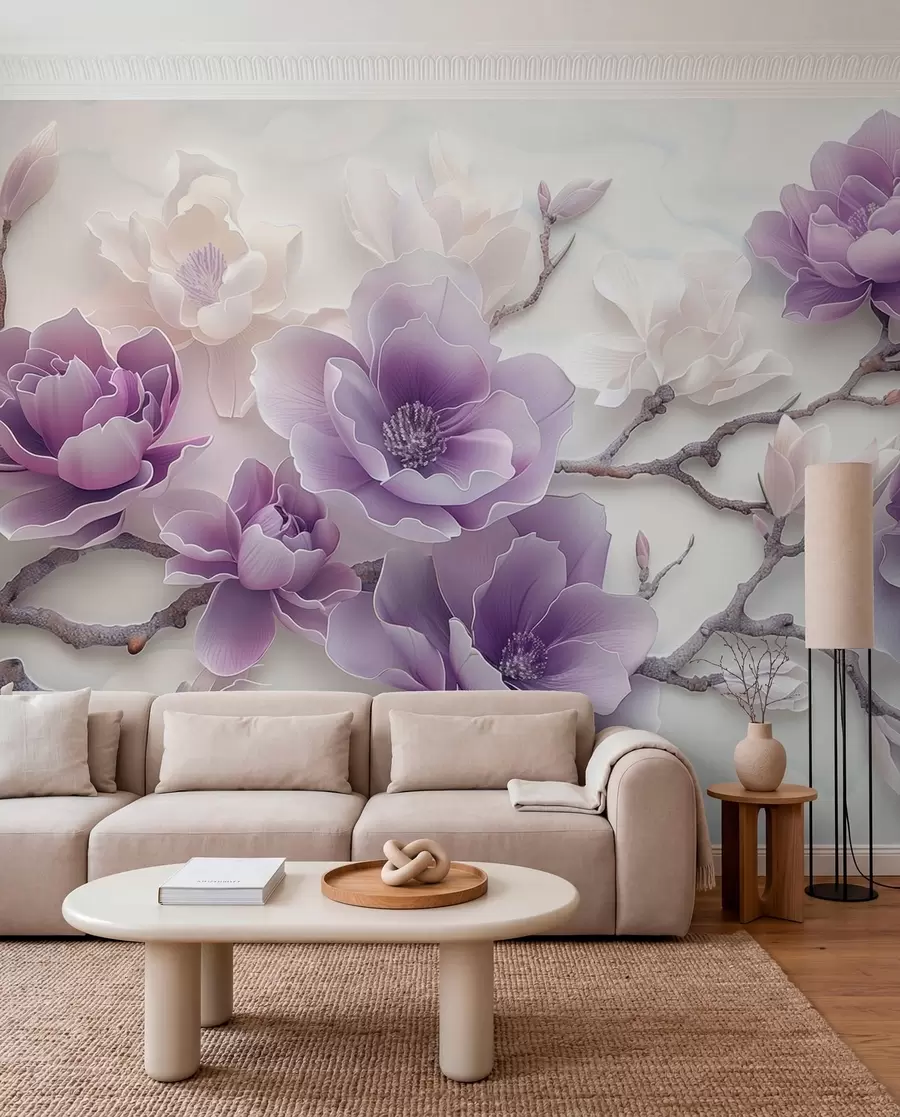 murales de pared Flores de magnolia con relieve morado en una rama elegante w01359