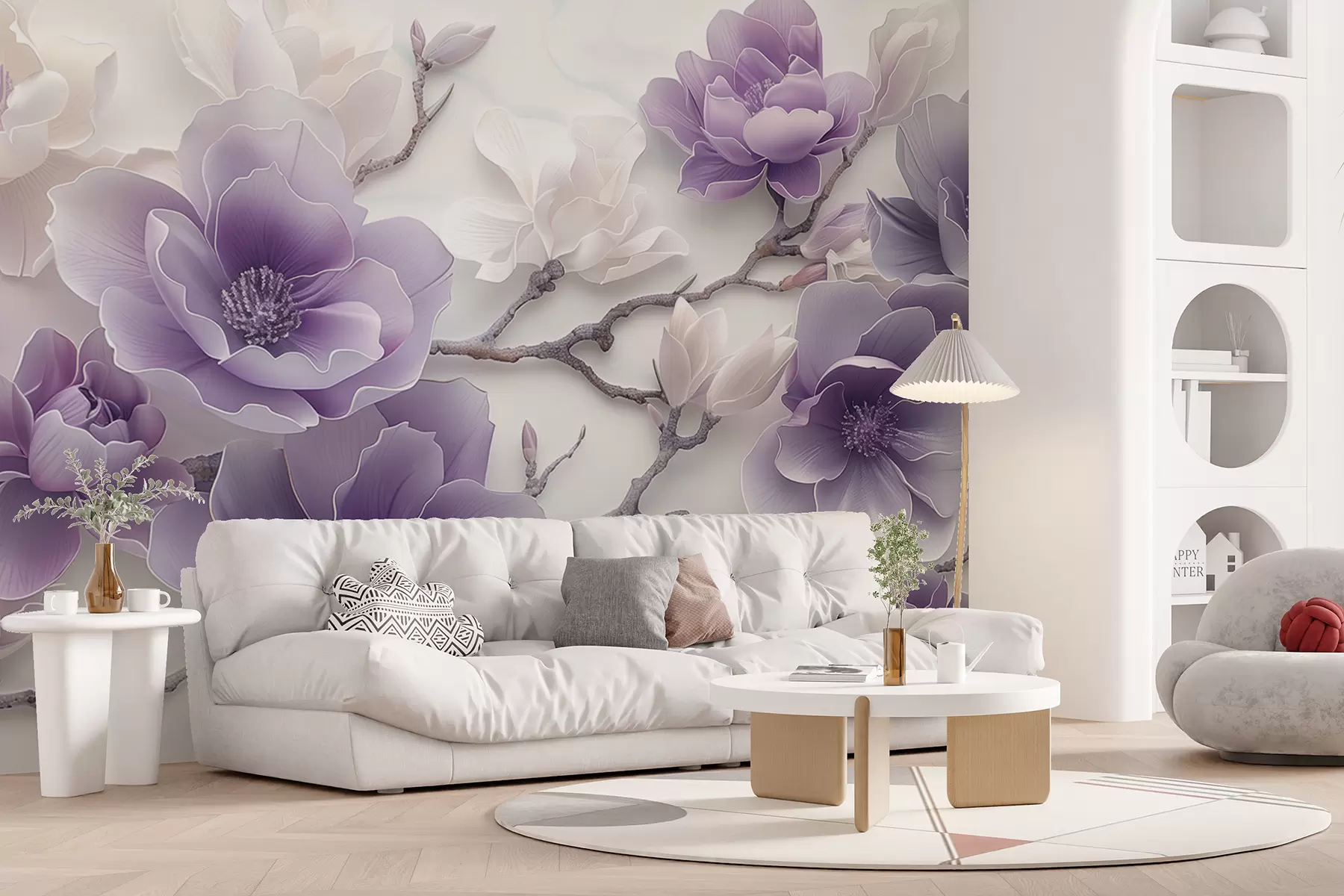 murales de pared Flores de magnolia con relieve morado en una rama elegante w01359