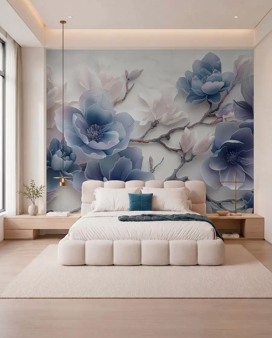 murales de pared Flores de magnolia en relieve azul sobre una rama elegante w01359v1