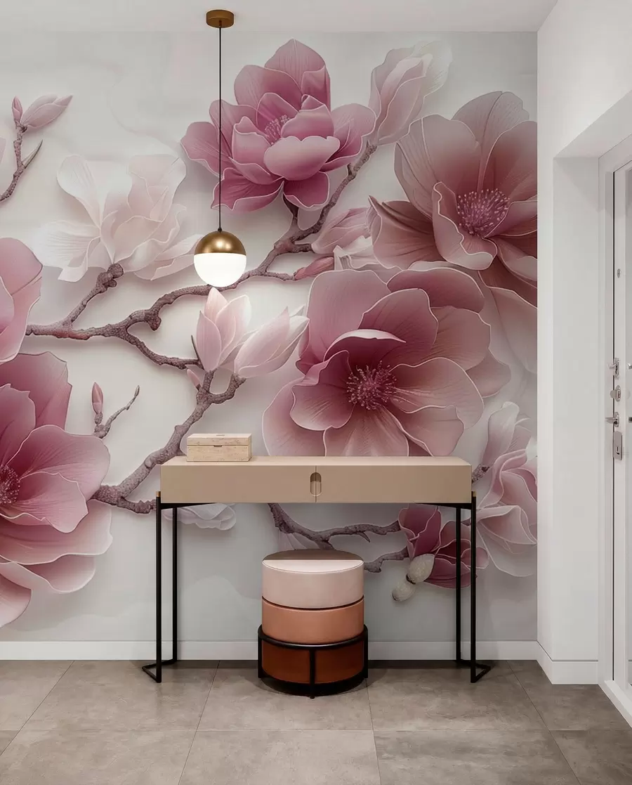 murales de pared Flores de magnolia rosadas en relieve en una rama elegante w01359v2