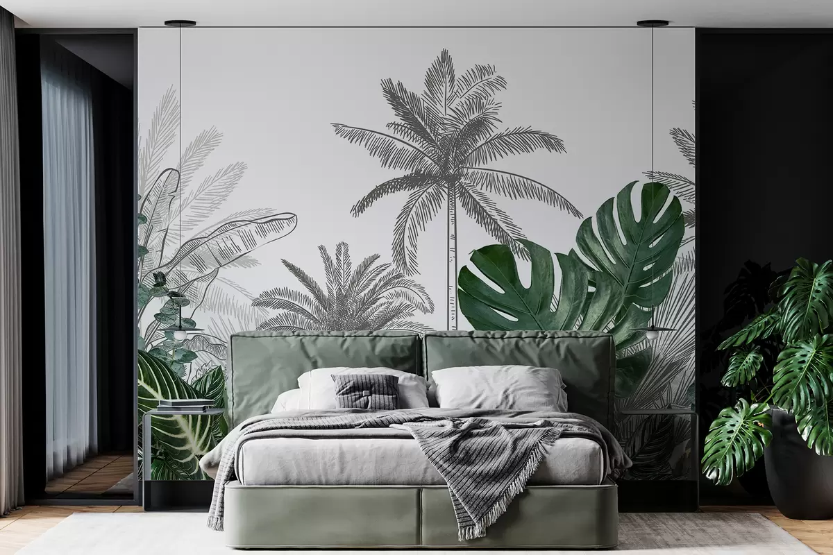 murales de pared Una impresión de jungla tropical con palmeras y grandes hojas verdes, dibujada en un estilo de ilustración botánica vintage. w08184