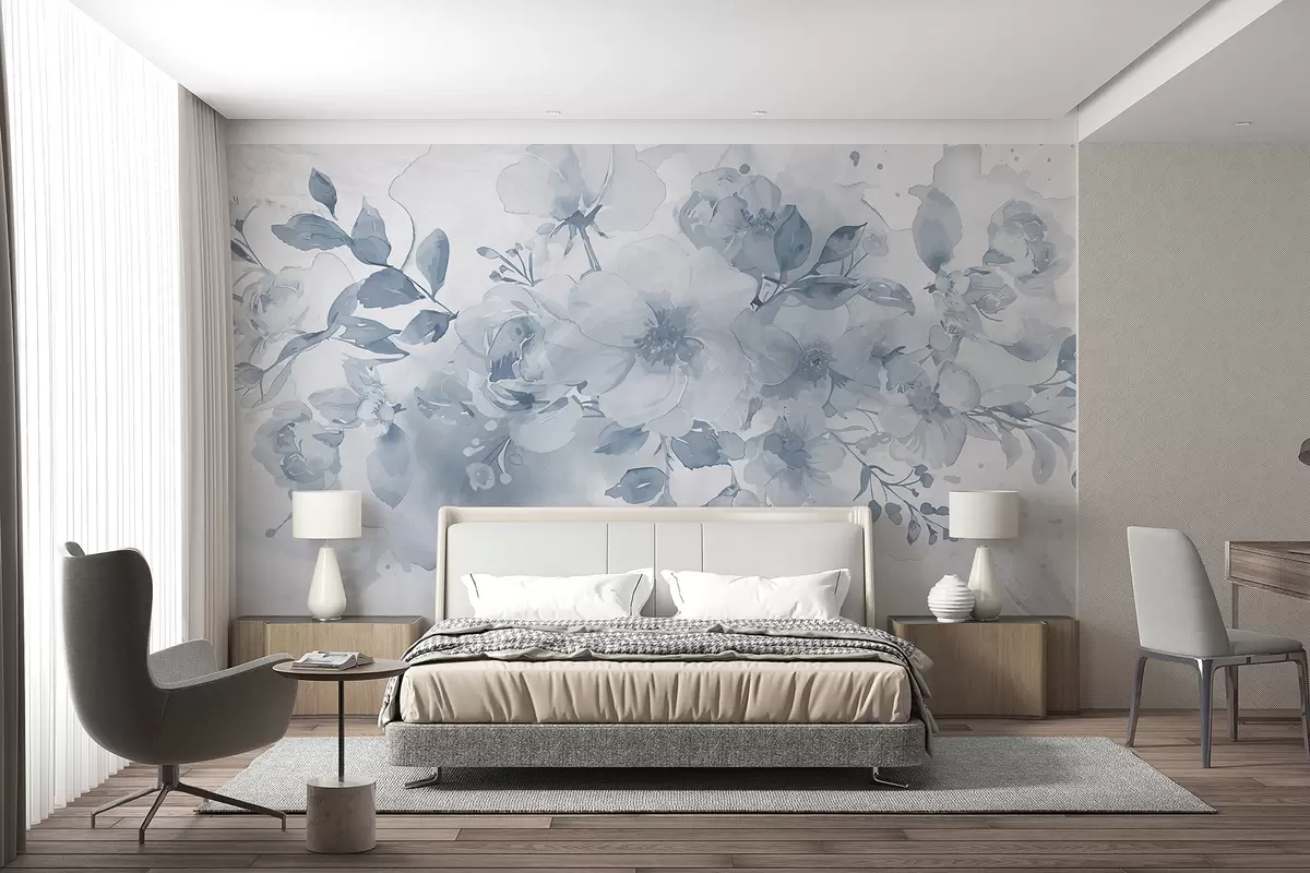 murales de pared Patrón floral suave y difuminado en tonos grises y blancos, con delicadas flores y hojas. w08189
