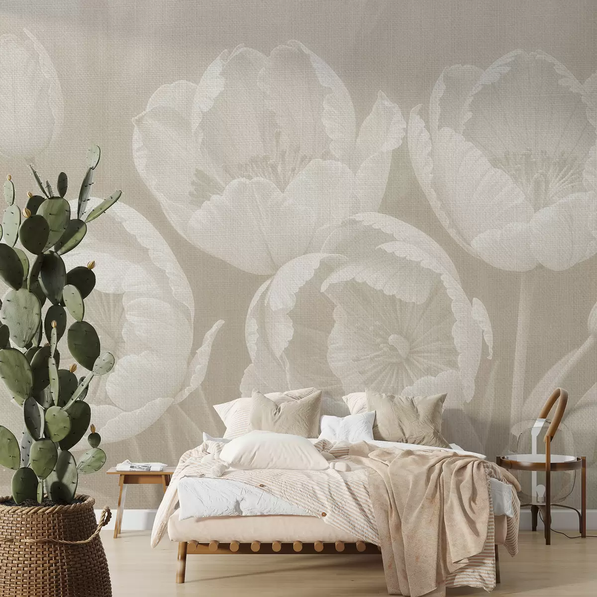 murales de pared Dibujo de tulipanes blancos con fondo borroso rosa con textura de lienzo suave, impresión monocromática minimalista w08193v1