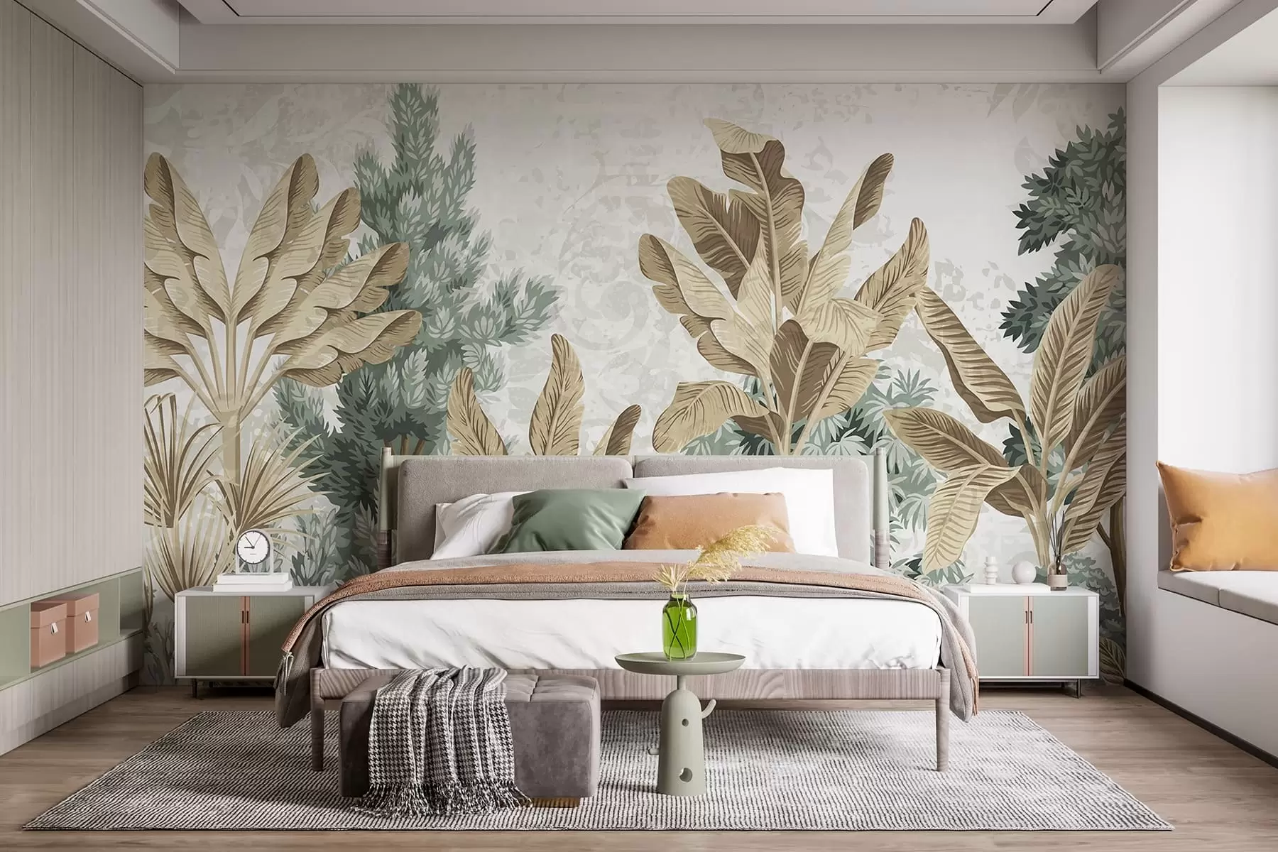 murales de pared Un estampado de follaje tropical exuberante con hojas verdes y marrones, palmeras y otras plantas exóticas w08200