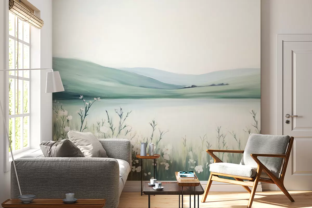 murales de pared Prado de flores, paisaje natural, lago, paleta de colores verde y azul.  w01387v1