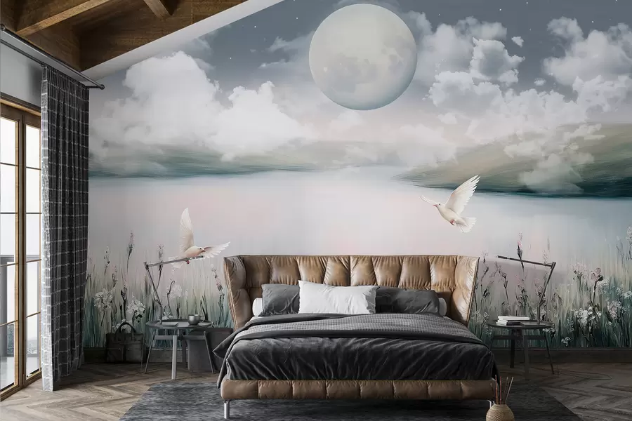 murales de pared Hermoso paisaje con lago, prado de flores, luna en el cielo estrellado nocturno, pájaros voladores, nubes w01389