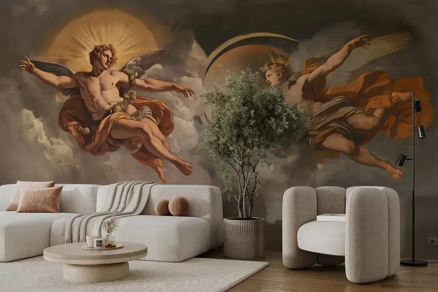 murales de pared Mural de pared al estilo de los frescos renacentistas en tonos beige y oscuros. Dos figuras masculinas de dioses que se estrechan las manos w08137