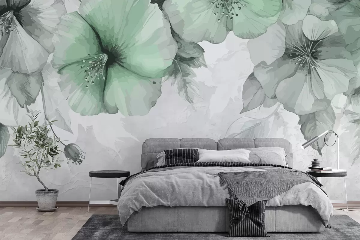 murales de pared Grandes flores de color verde grisáceo sobre un fondo de hormigón. w01401v3