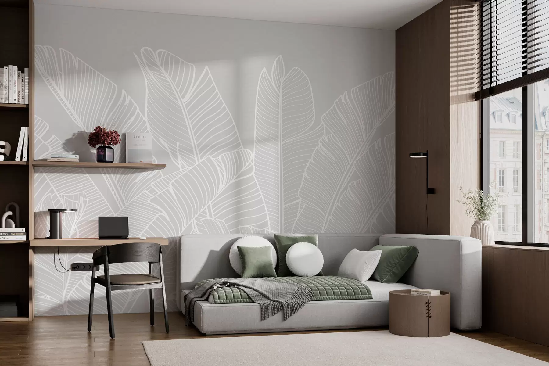 murales de pared Hojas de plátano tropical color gris minimalismo nueva tendencia w08210v1