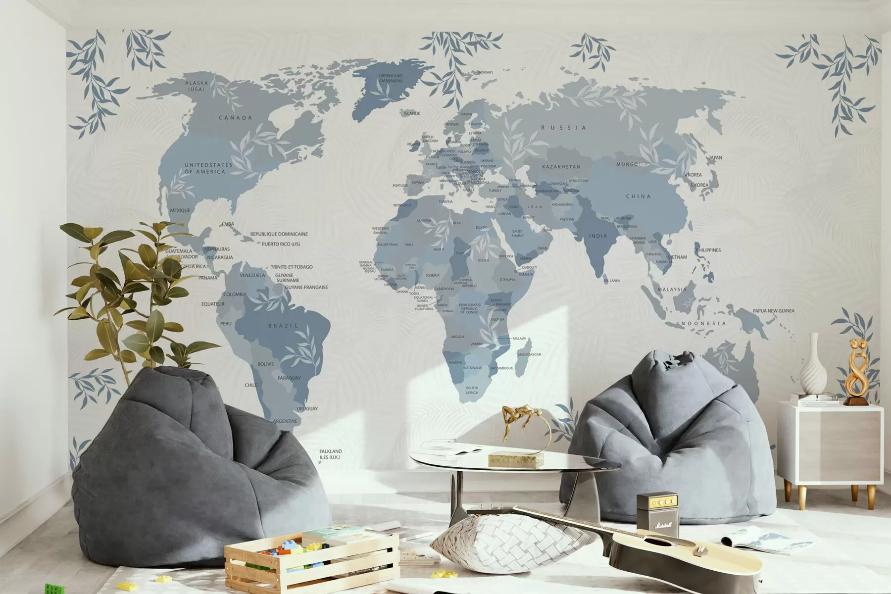 murales de pared Mapa del mundo elegante con hojas y plantas de color azul w08211v4