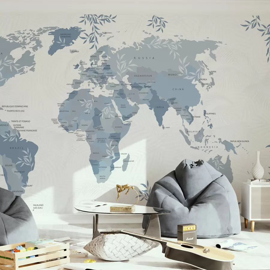 murales de pared Mapa del mundo elegante con hojas y plantas de color azul w08211v4