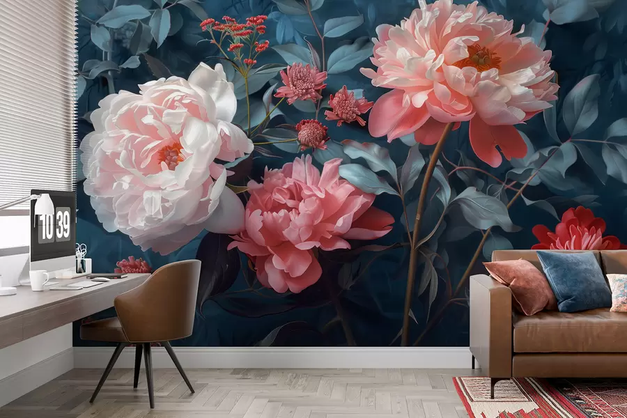 murales de pared Flores de peonía de medianoche w01392