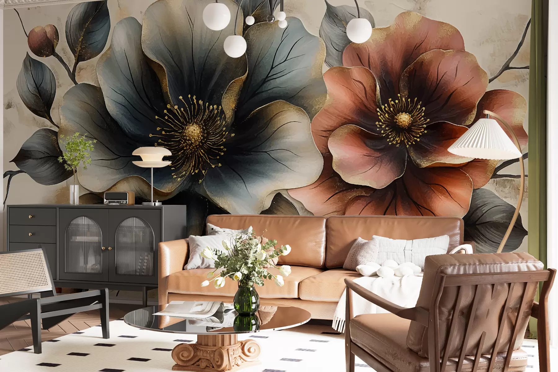 murales de pared Flores grandes,beige,negro,azul,rojo claro w01409