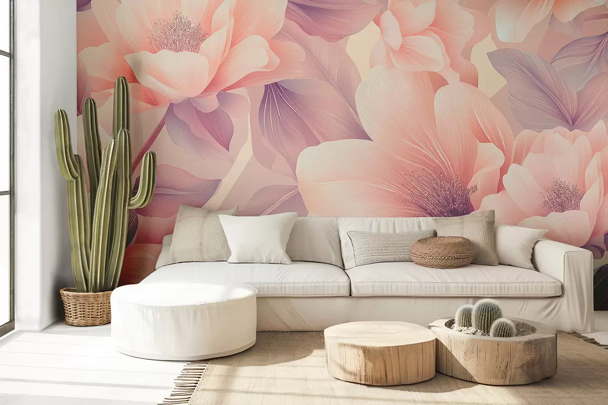 murales de pared Hermosas flores acrílicas, composición floral, naturaleza, colores pastel beige y rosa. w01449