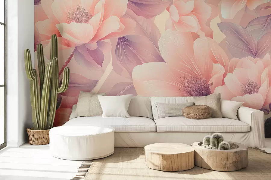 murales de pared Hermosas flores acrílicas, composición floral, naturaleza, colores pastel beige y rosa. w01449