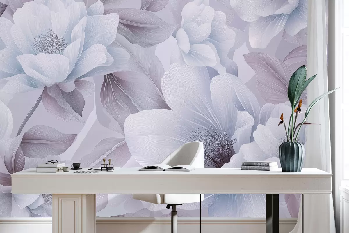 murales de pared Hermosas flores acrílicas, composición floral, naturaleza, colores pastel azul y morado. w01449v2