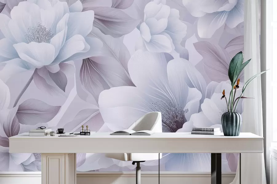 murales de pared Hermosas flores acrílicas, composición floral, naturaleza, colores pastel azul y morado. w01449v2