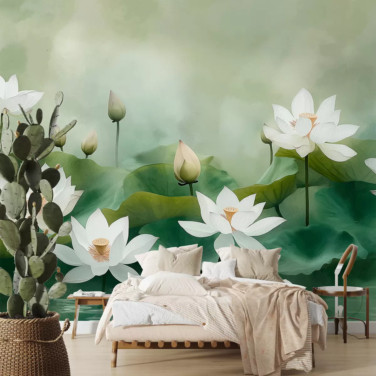murales de pared Lotos en el lago, naturaleza, niebla, dibujo acrílico, hojas grandes, jungla, colores naturales suaves w01450